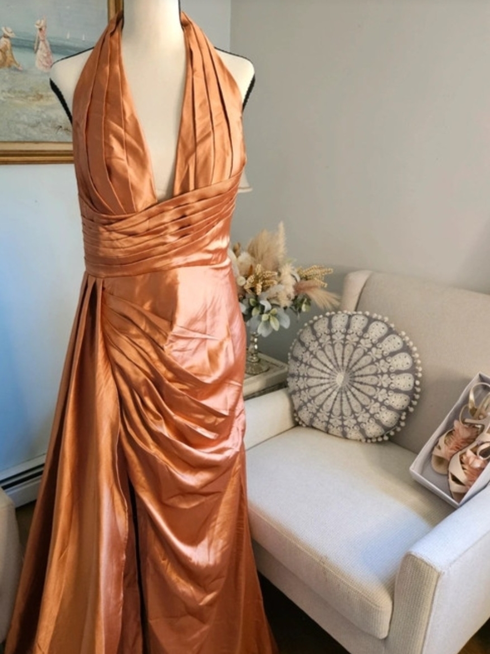 Copper Halter Satin Evening Dress With Corset Back And Long Train.
